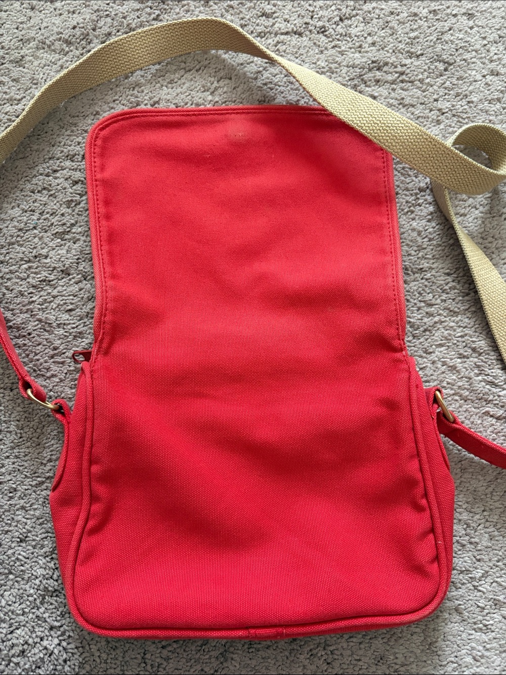 Red Canvas Crossbody Bag with Beige Strap - Picture 9 of 11